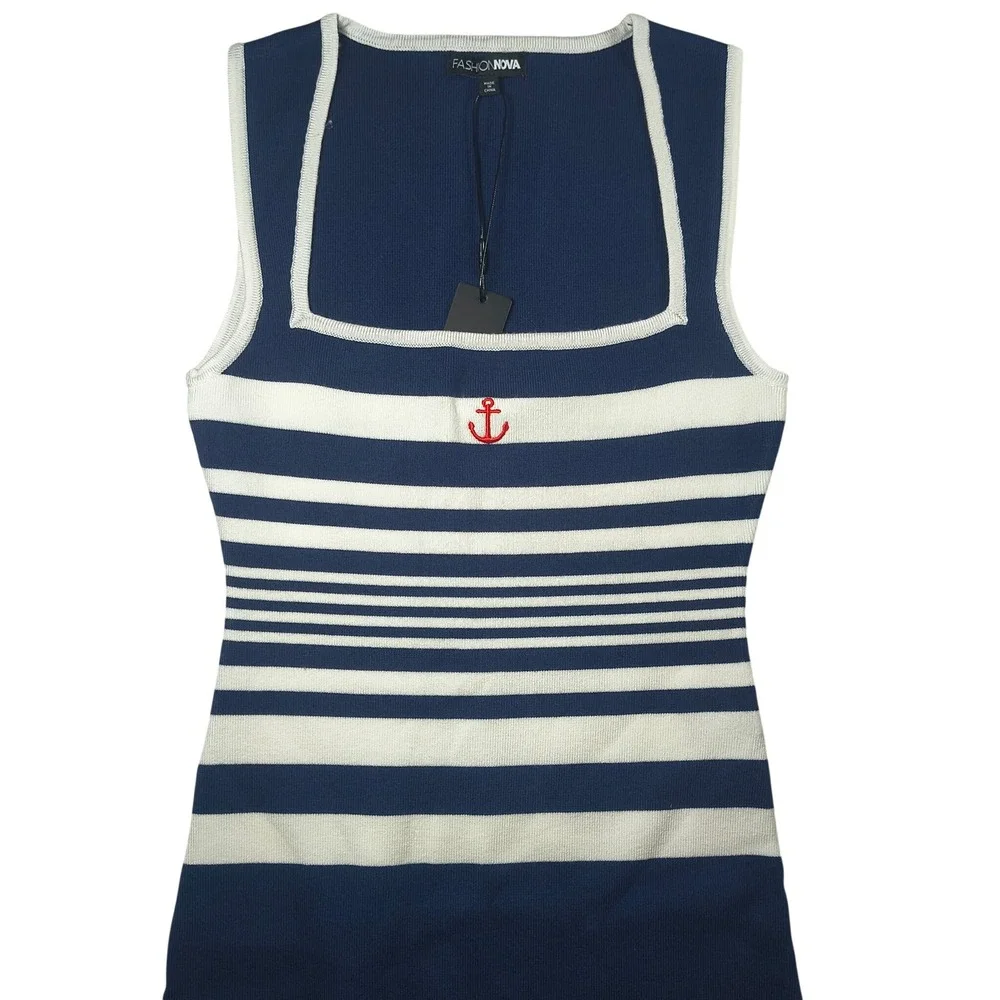 Fashion Nova Below Deck Capri Jumpsuit Navy Combo Striped Knit Size Small NWT